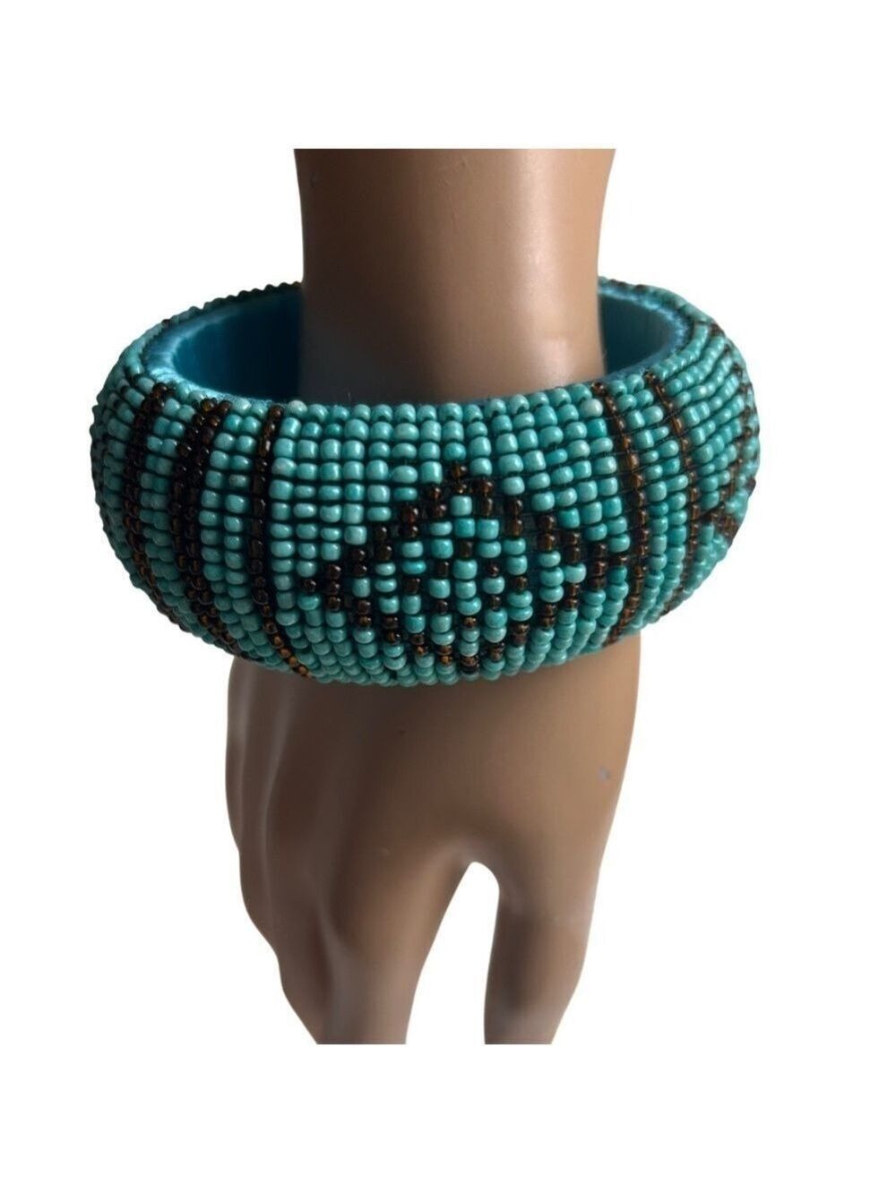 Vintage Beaded Bangle Bracelet Shades of the Color Turquoise & Black.